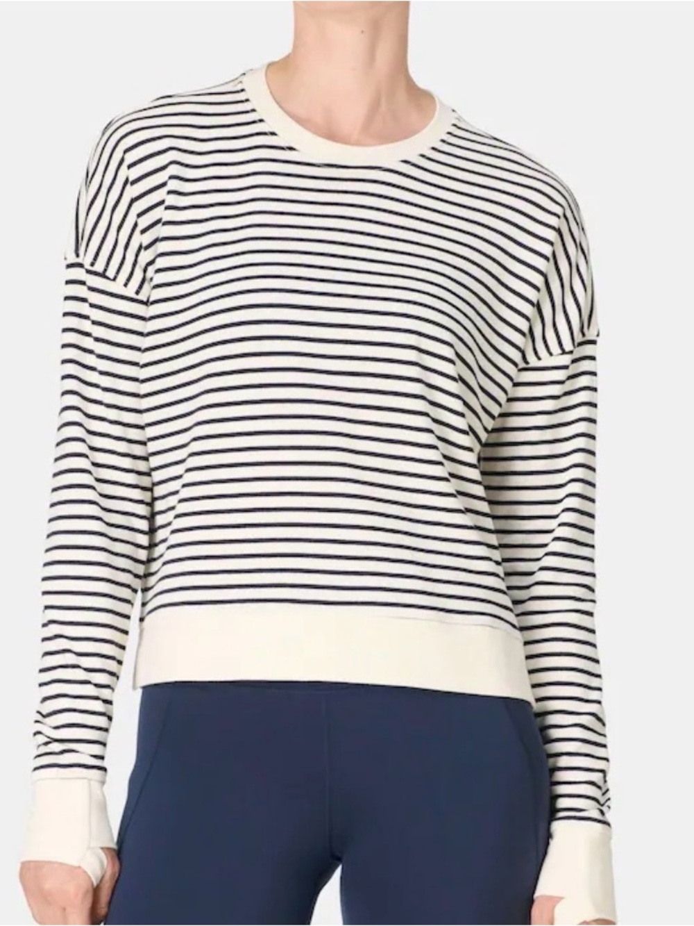 Sweaty Betty Cream and Navy Striped Crewneck Sweatshirt